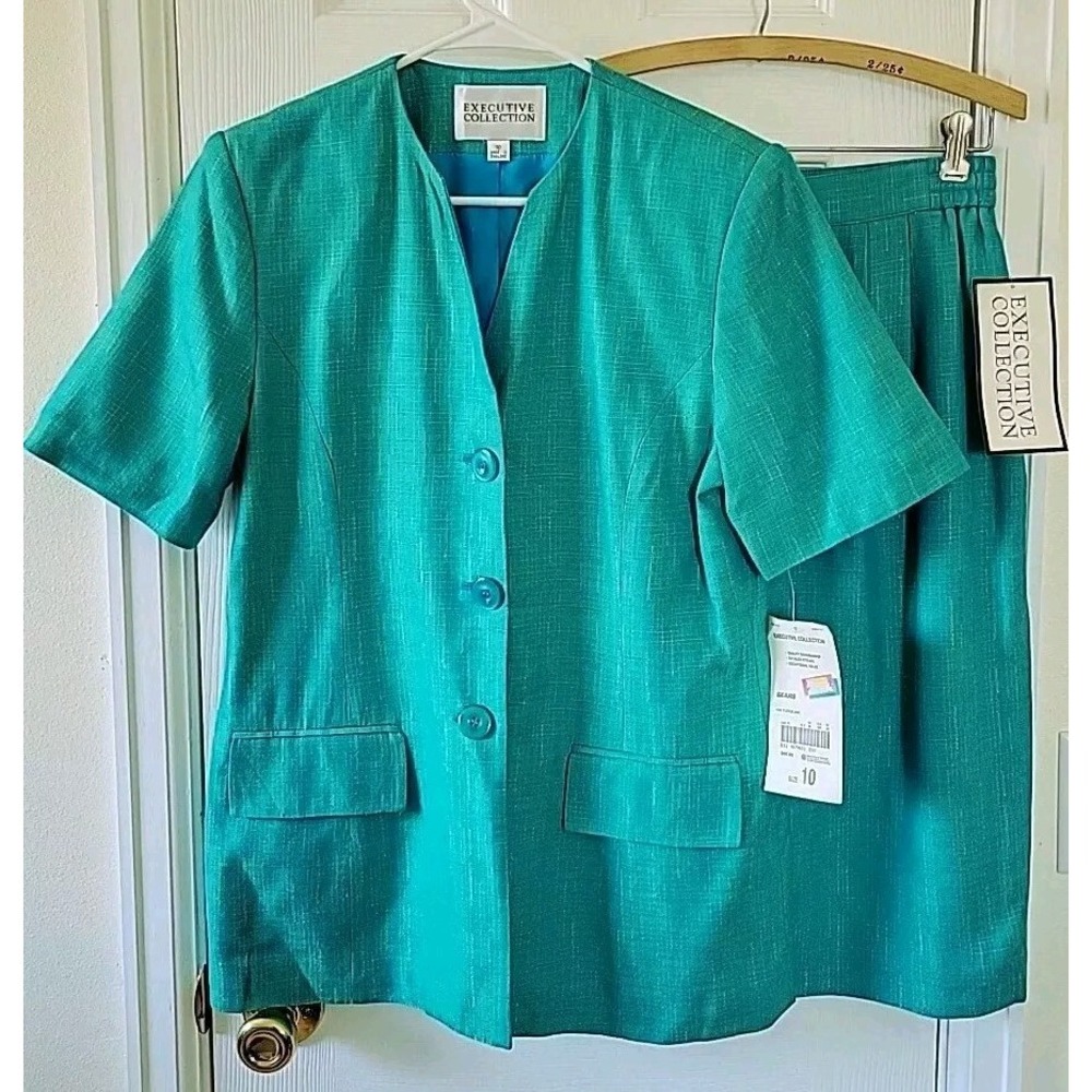 Executive Collection Skirt Suit Size 10 Turquoise Lime Shortsleeve Sears Vintage